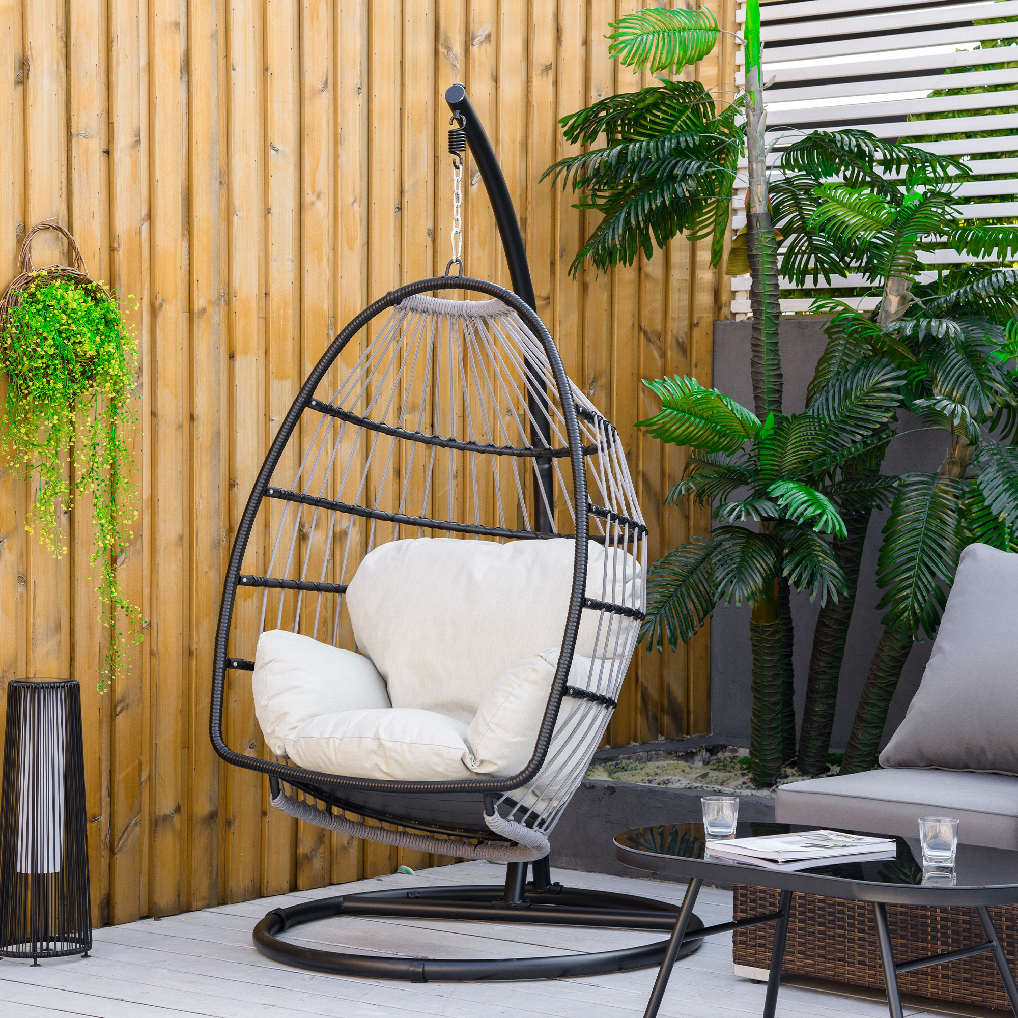 Outsunny hangstoel hangmand met frame hangende schommel hangstoel met kussenmand opvouwbaar metaal zwart + cr��me wit 101 x 101 x 188 cm