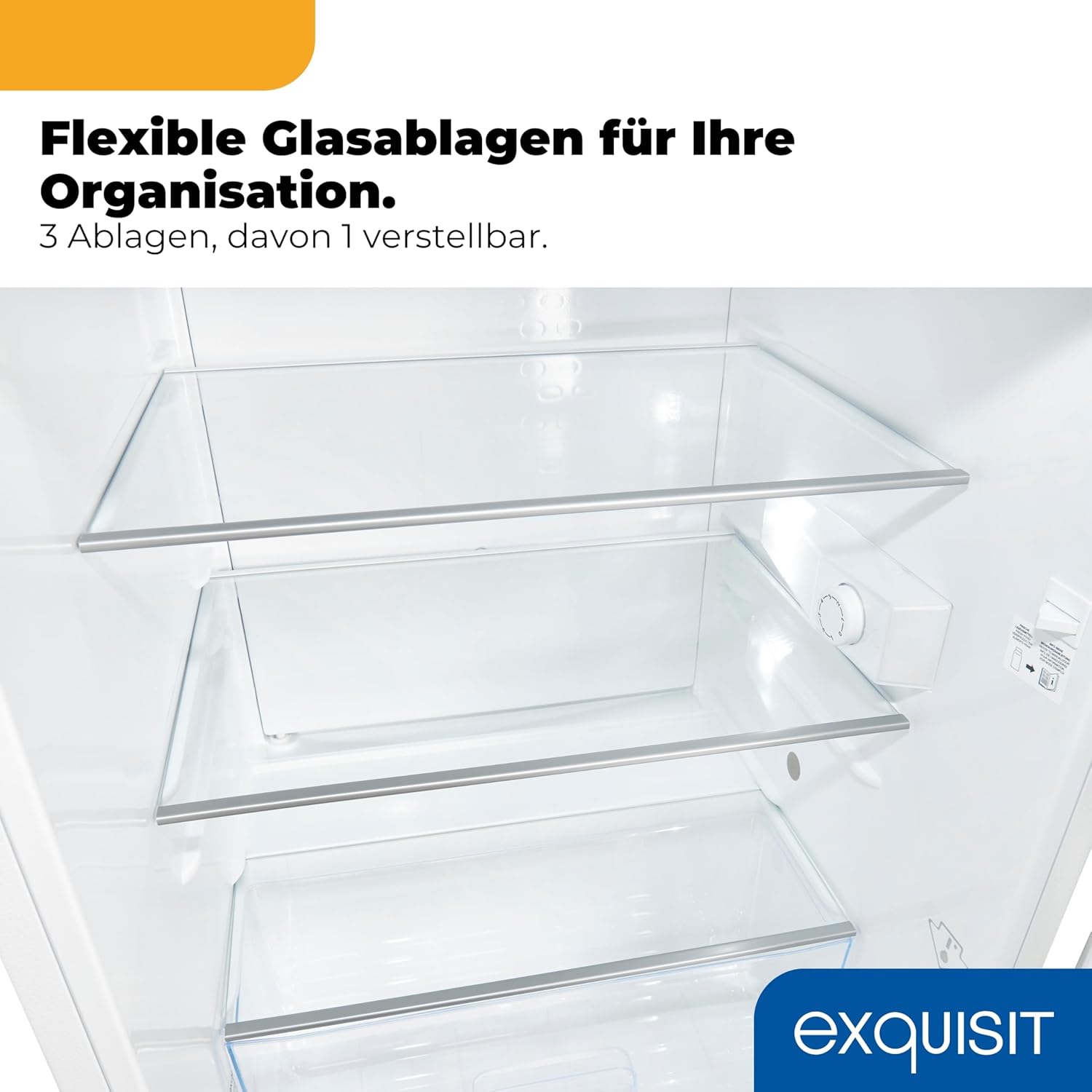 Exquisit Vollraumkühlschrank 133 l Nutzinhalt, Energieklasse E, 40 dB(A) kompakte Bauform, LED-Innenbeleuchtung, manuelle Temperaturregelung, Flaschenfach, Gemüseschublade KS516-V-H-010E weiss