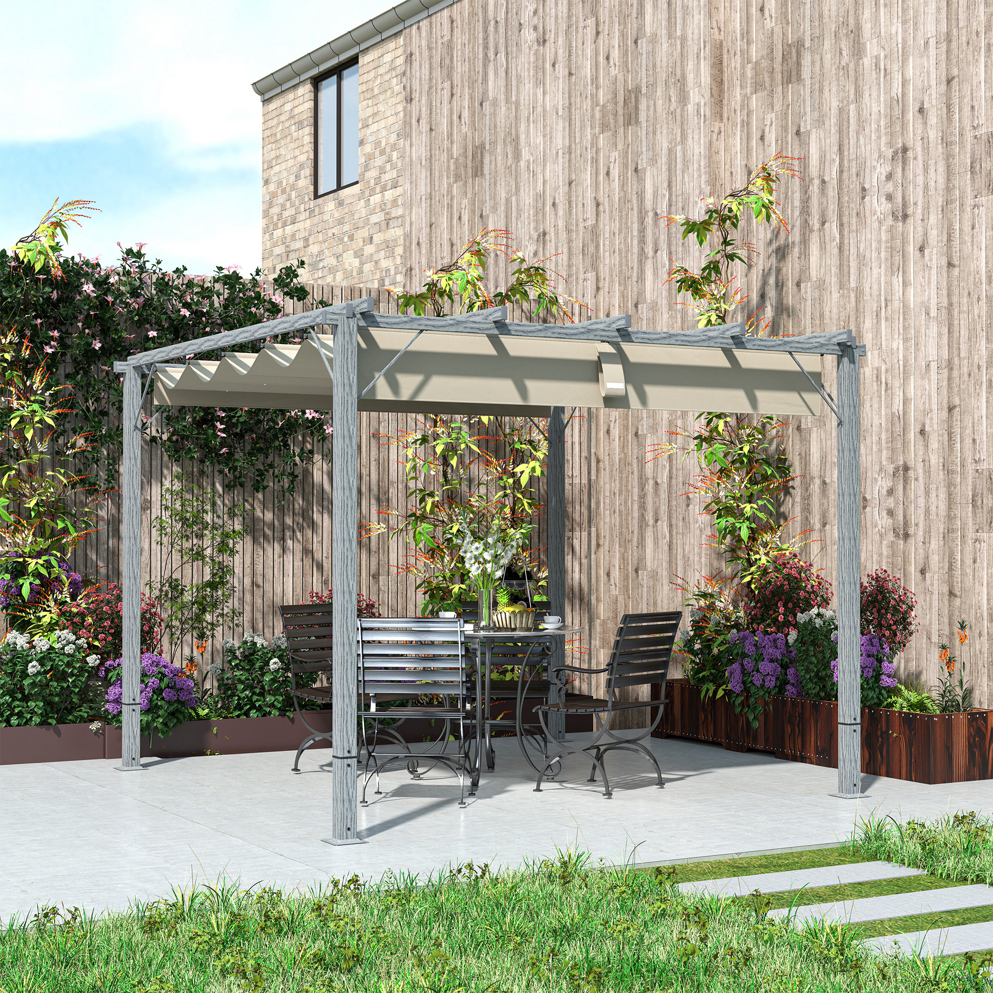 3 x 3 m Tuinpergola, Verstelbare Terrasoverkapping met Aluminium Frame, UPF30+ Zonbescherming, Grijs