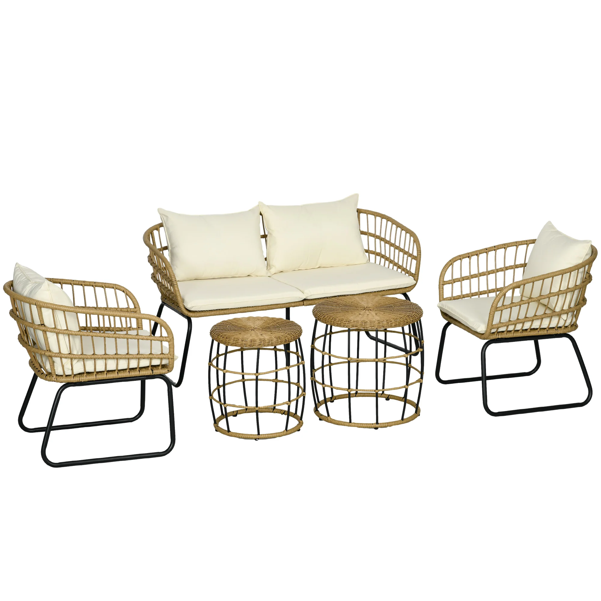 Outsunny Lounge-Set Rattan Zitgroep, Buitenmeubelset in Boho-stijl, 5-delig, 145 x 70 x 78 cm, Crème + Natuur + Zwart