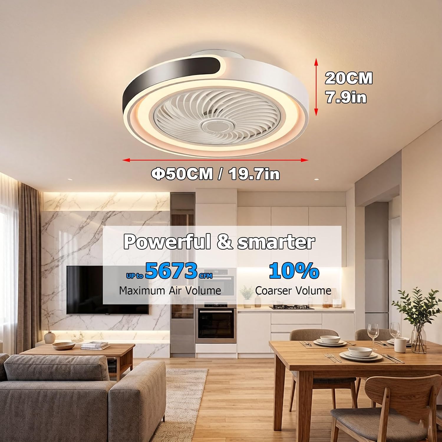 Modernité Rond Ventilateur Plafond Silencieux avec Lumiere,50cm Plafonnier Ventilateur LED Dimmable APP,Minuterie,6 Vitesses,pour Salon Chambre Salle à Manger Cuisine lampe(Black)