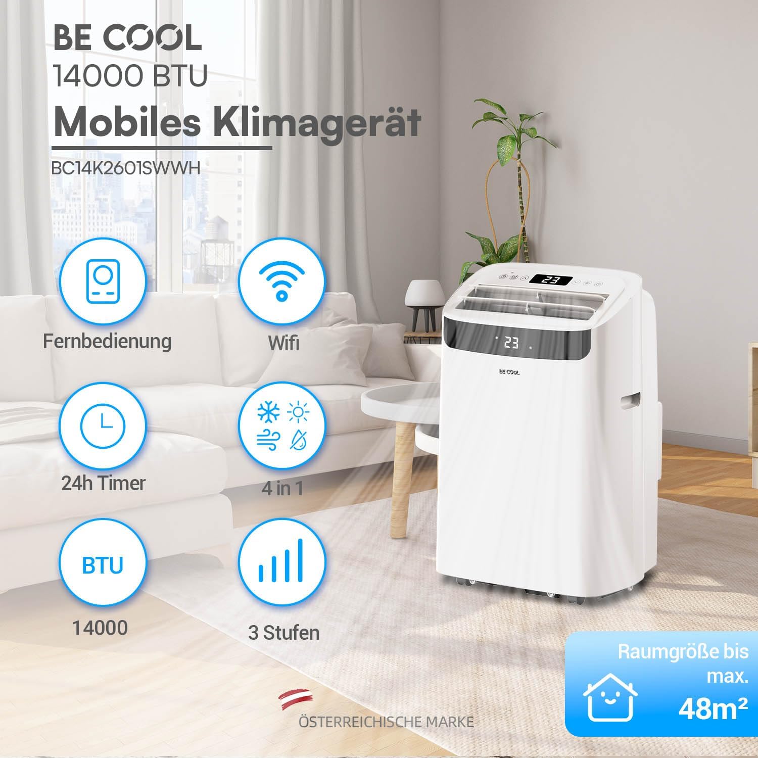 BE COOL mobiles Klimagerät 14000 BTU mit Heizung & WLAN, 4 in 1 Klimaanlage mit Entfeuchter und Ventilator, für Räume bis 48 m², Fernbedienung, Timer, Alexa & Google Assistant, weiß