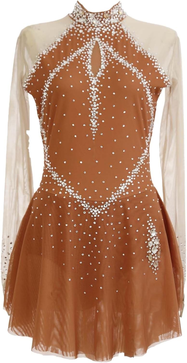 Eiskunstlaufkleid Mit Langen Ärmeln For Mädchen Und Frauen, Eistanz-Wettbewerbskleid, Rundhalsausschnitt, Eislaufkleidung
