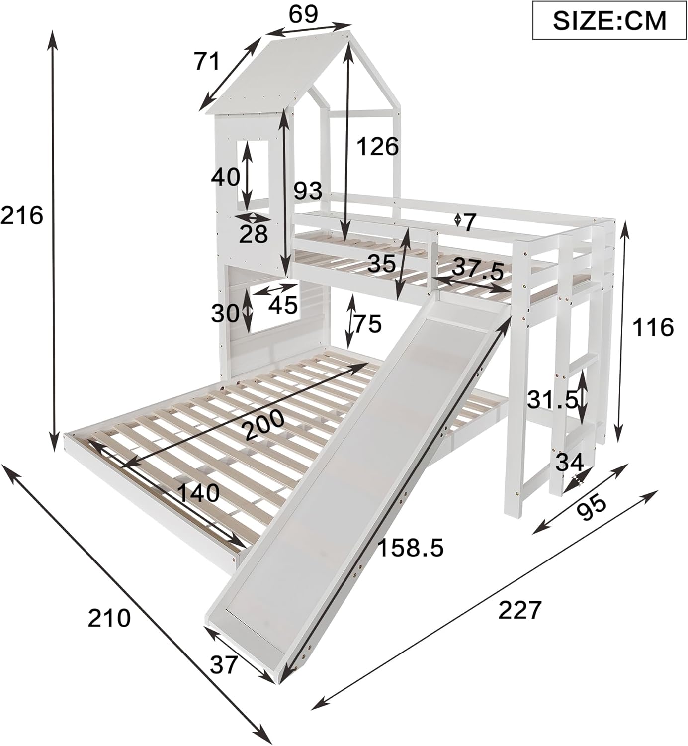 Kinderbett Etagenbett 90x200 cm & 140x200 cm mit Rutsche und Leiter, Hochbett Holzbett mit Rausfallschutz, Bett Bettgestell mit Lattenrost, Hausbett für 2-3 Kinder, Weiß, Ohne Matratze