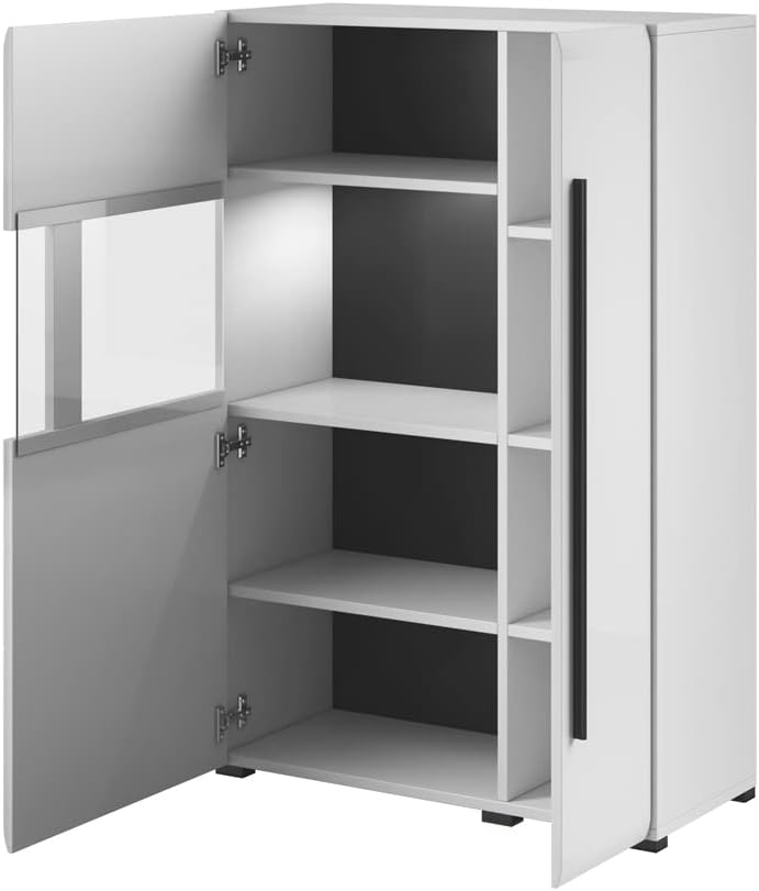 Lomadox Wohnwand weiß Hochglanz moderner Stil mit Glas, Absetzungen in schwarz und LED Beleuchtung, B/H/T: ca. 340/204/50 cm