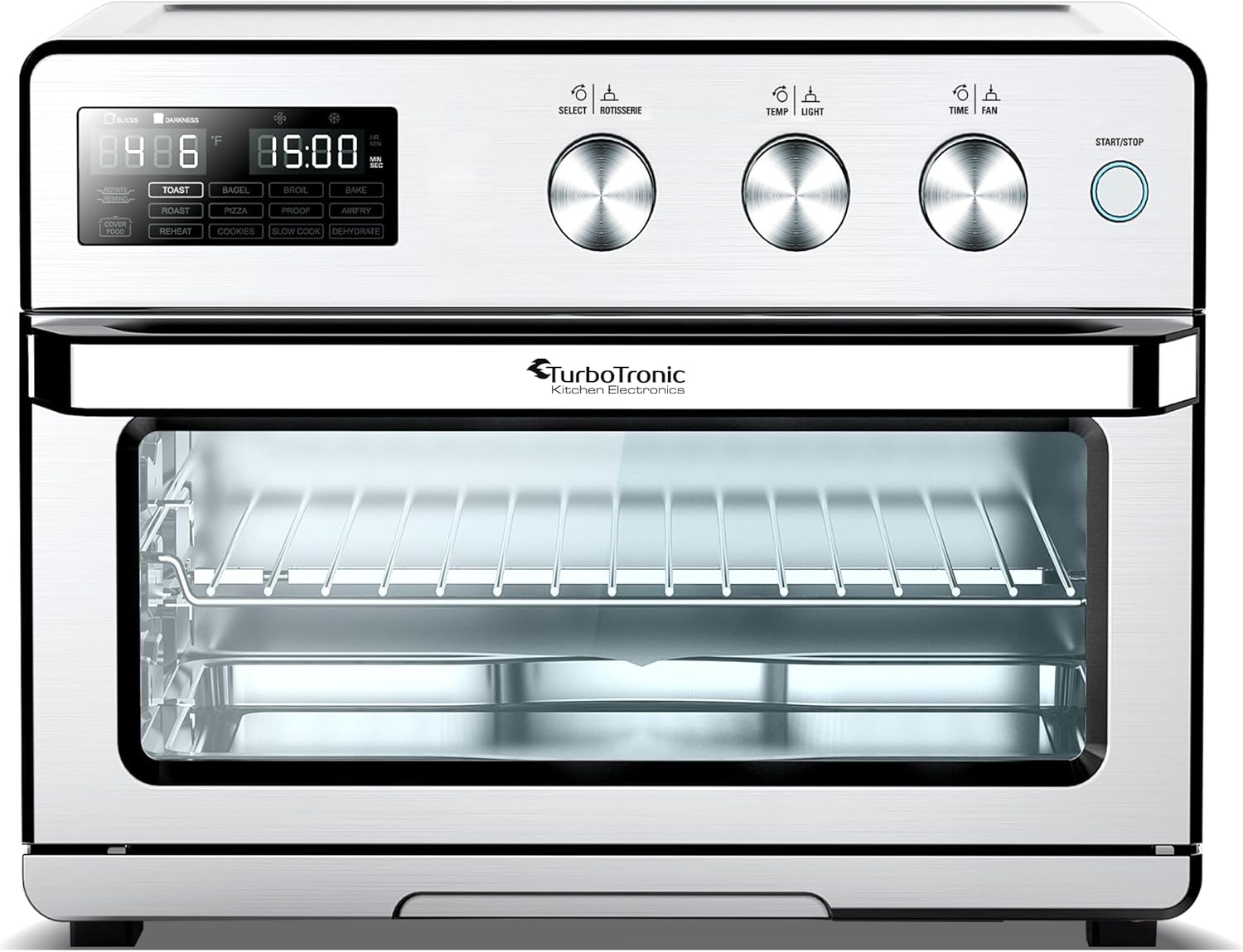 TurboTronic digitaler Heißluftofen - XXL 32 Liter mit Drehspieß für Hähnchen 5 in1 Mini Backofen, Dörrer & Power Heißluftfritteuse Airfryer ab 25°C