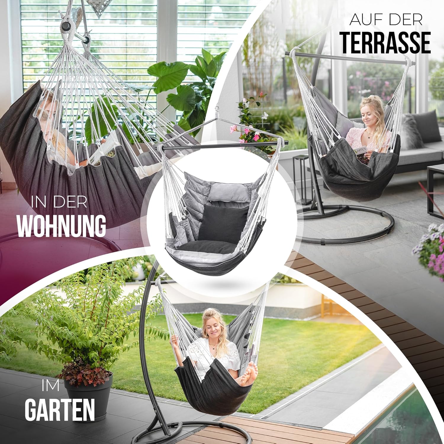 Hängesessel High-Class Outdoor & Indoor XXL [All Inclusive Paket mit Aufhängung + 3 Kissen] Kinder & Erwachsene bis 150 kg | Hängematte Wohn- Schlafzimmer, Garten Balkon Terrasse