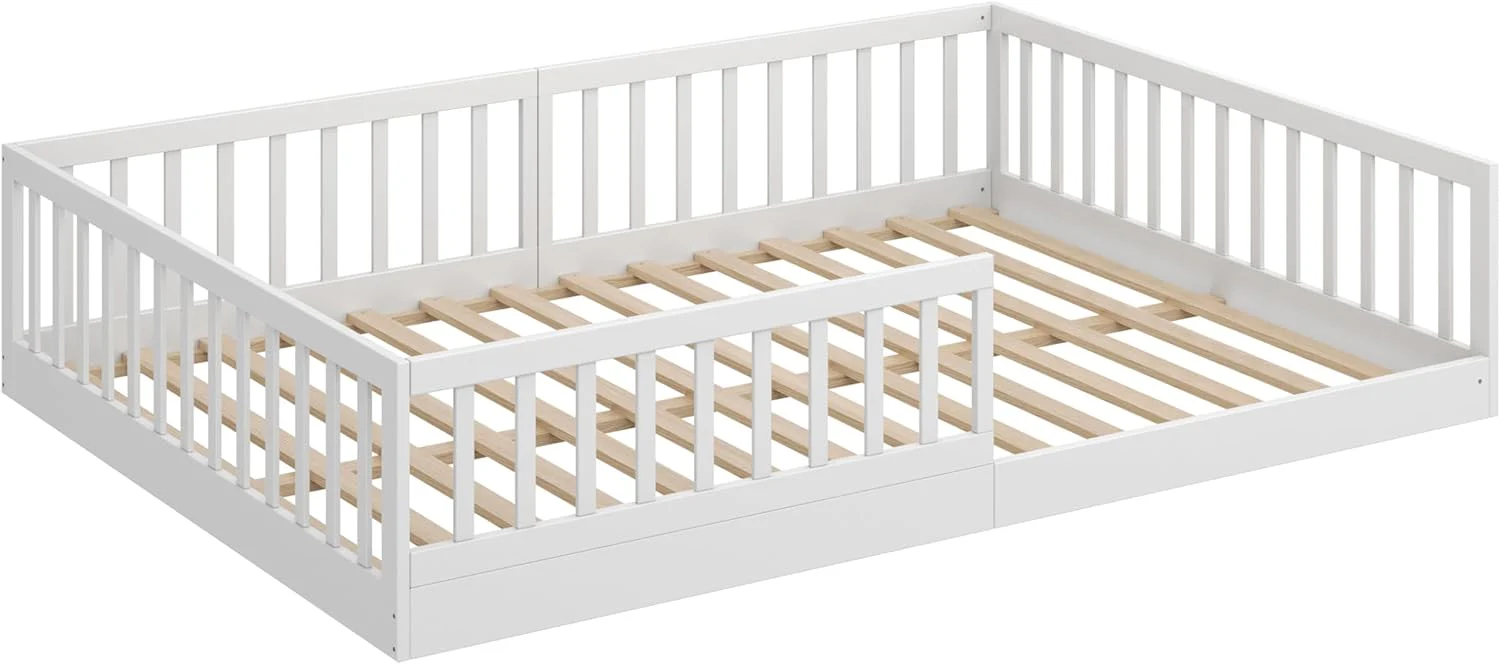CADANI Timi 2-in-1 Vloerbed 140x200 cm Montessori Kinderbed met uitneembare valbeveiliging incl. lattenbodem, massief grenenhout, wit - 3 opbouwmogelijkheden, belastbaar tot 200 kg, ombouwbaar