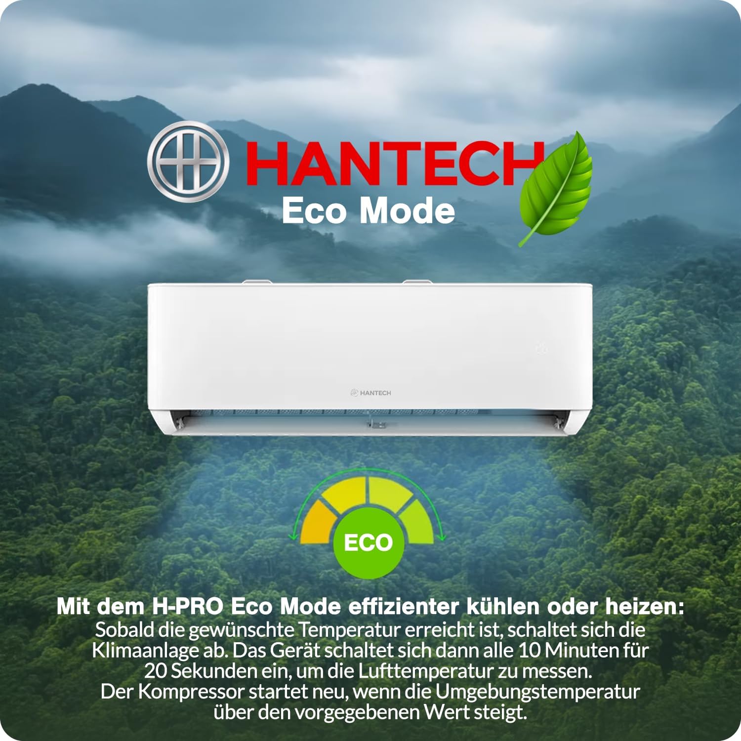 Split Klimaanlage 12000 BTU (bis 45m²) HANTECH H-PRO Heiz-&Kühlfunktion, Luftfilter, WIFI, Montagematerial weiß