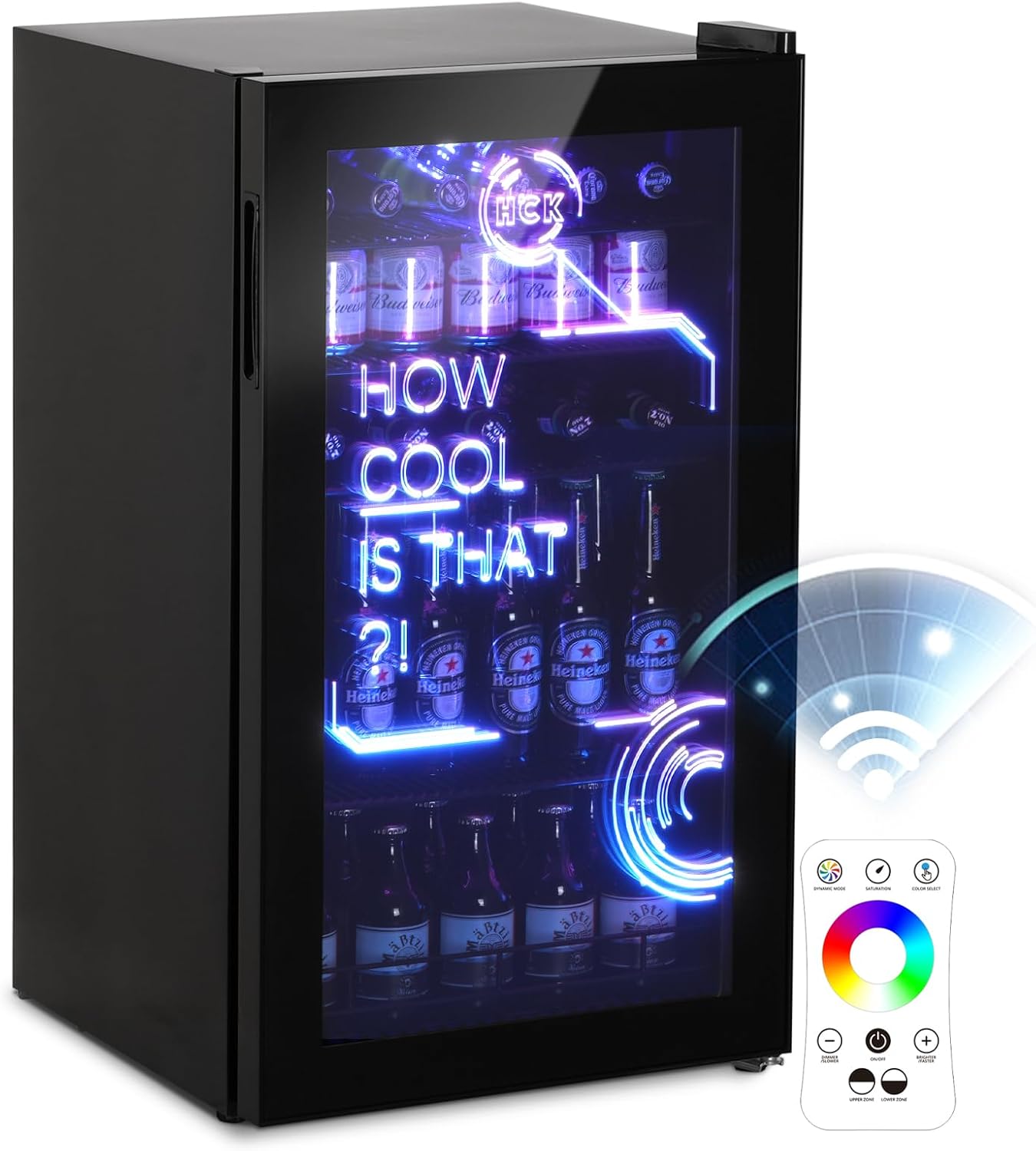 HCK 98L Getränkekühlschrank mit Cyberpunk RGB Beleuchtung, Minibar kleine Kühlschrank mit Glastür, lautlos 39dB, 0-15°C, Bierkühlschrank für Spielzimmer, Küche, Schwarz