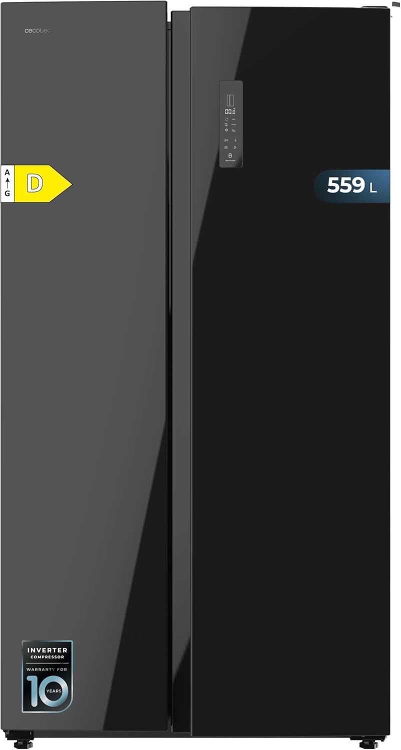 Cecotec Réfrigérateur Américain de 550 Litres Bolero CoolMarket SBS 550 Glass D. 177 cm de Hauteur et 90 cm de Largeur, Système Multi Air Flow, No Frost Total, Moteur Inverter Plus