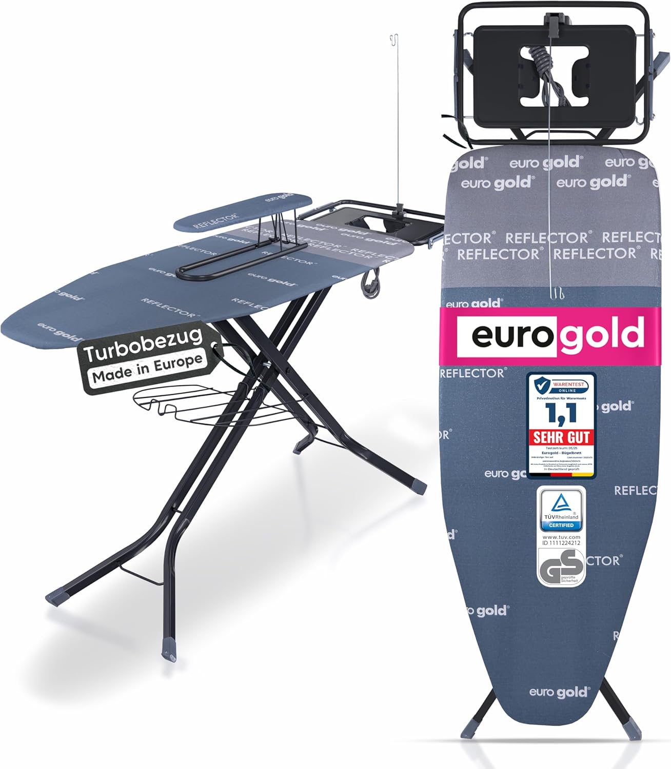 EUROGOLD Bügelbrett für Dampfbügelstation 130x48 cm – Bügelbrett XXL mit Steckdose, höhenverstellbarer Bügeltisch klappbar, mit Ärmelbrett & Bügeleisenablage, Reflektor-Bezug (Sydney Grey)