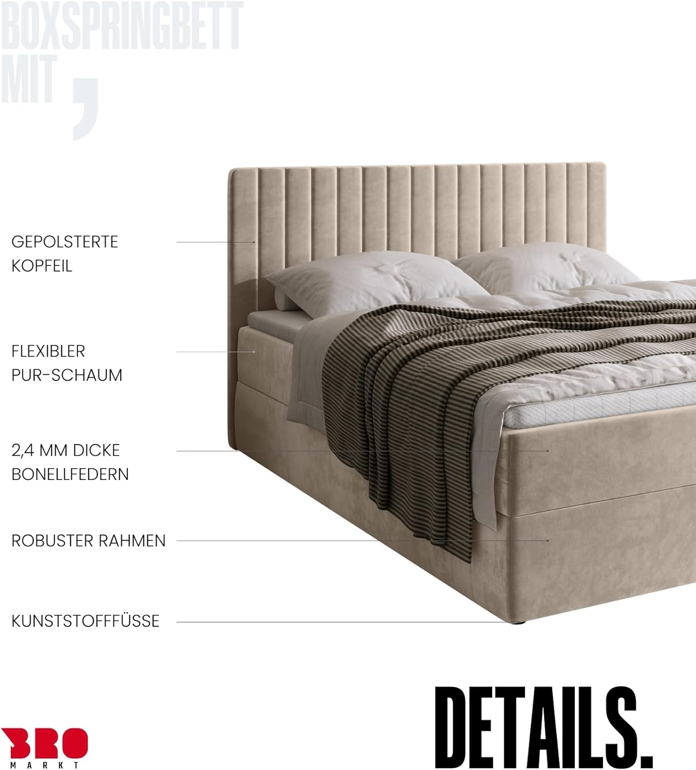 BROMARKT Boxspringbett mit Bettkasten Polsterbett mit Bonell-Matratze und Topper Doppelbett mit Stauraum Bett für Schlafzimmer gepolstertes Kopfteil Dream 160x200 Härtegrad H3 Samtstoff Beige