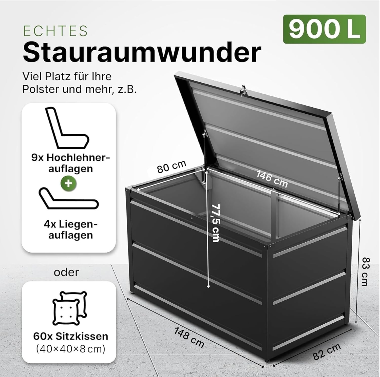 Gartenzeit® Auflagenbox 900L (148×83×82cm) – XXL Gartenbox aus pulverbeschichtem Stahl RAL 7016, wetterfest, wasserdicht & abschließbar, als Sitzbank nutzbar, Outdoor Kissenbox für Polster