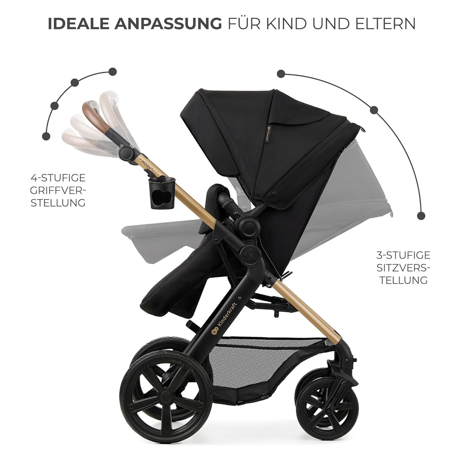 Kinderkraft MOOV2 AIR Kinderwagen 3 in 1 Kinderwagenset bis 26 kg mit Kindersitz I-SIZE 40-75 cm, Buggy Funktion, Liegeposition verstellbar, Große ausziehbare Verdeck, Aufblasbare Räder, Schwarz