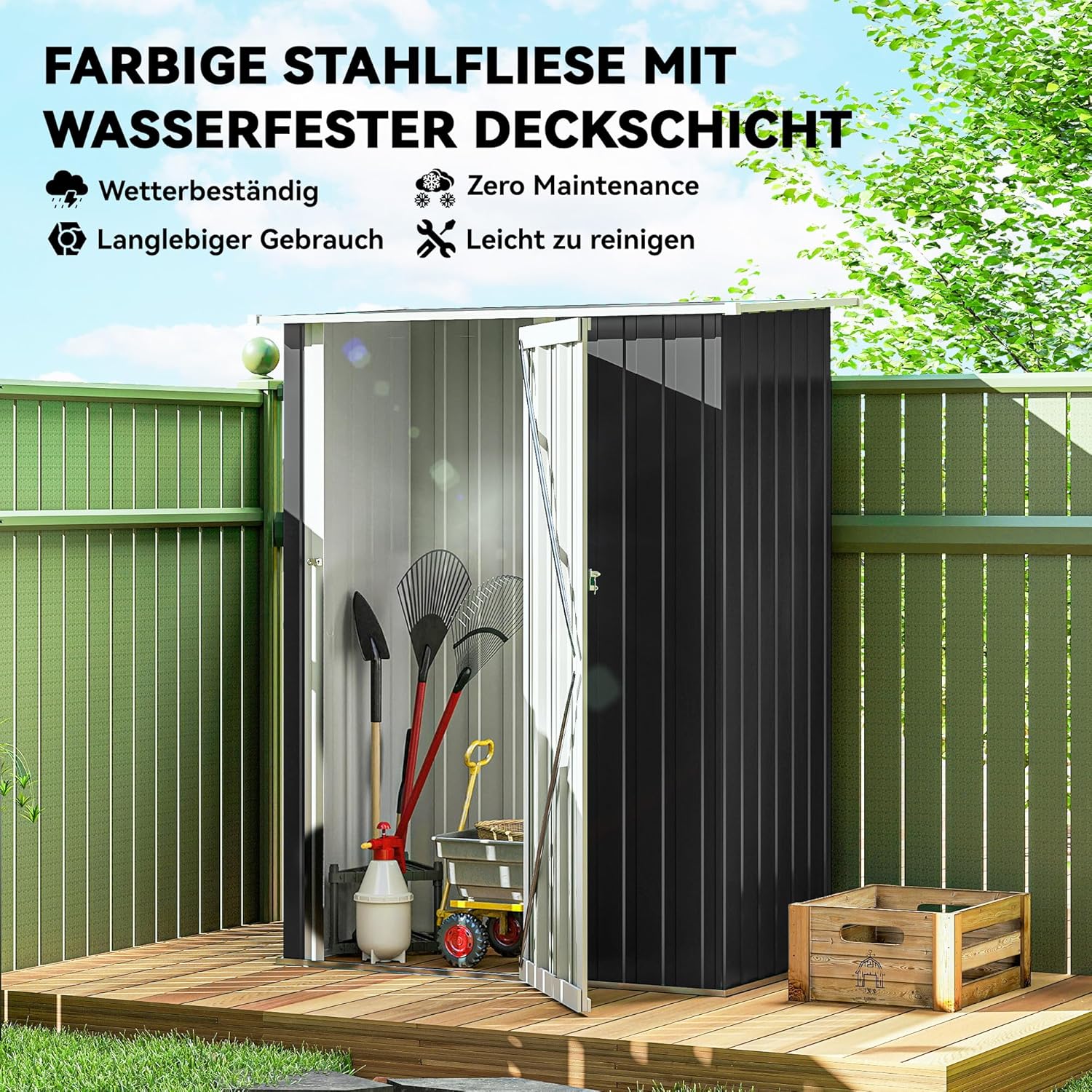Outsunny Metall Gerätehaus 1,07 m² 142 x 86 x 189 cm Geräteschuppen mit Pultdach Abschließbarer Tür, wetterfest Gartenhaus Outdoor Garten Schuppen für Hinterhof Außenbereich Dunkelgrau