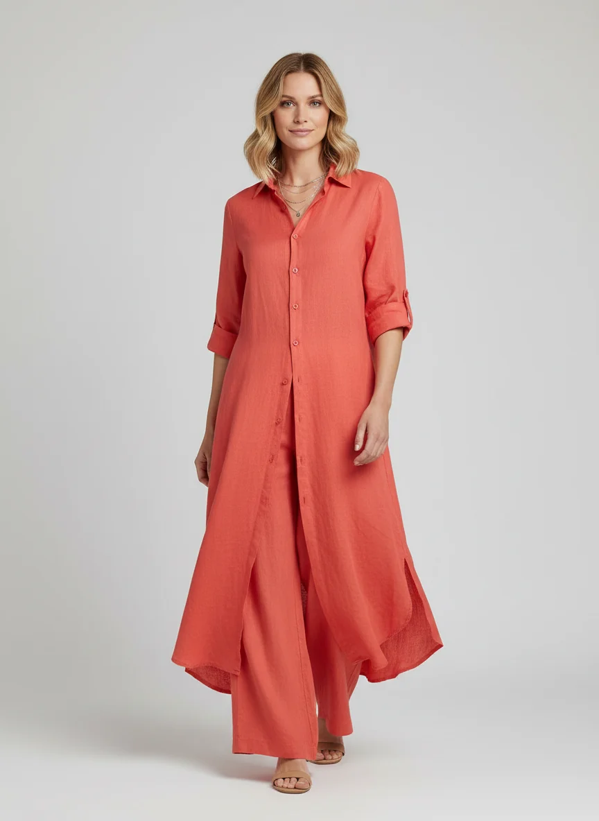 Leinen-Set Damen | Zweiteiler aus langer Bluse und weiter Hose | Luftiger Sommer-Zweiteiler f��r Damen | Atmungsaktiv & Bequem