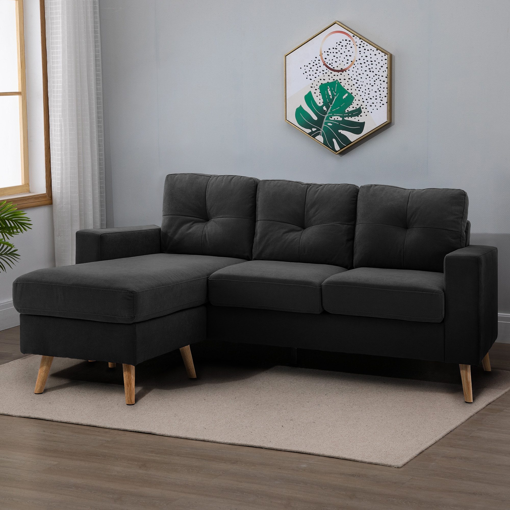 3-zits hoekbank, linnenlook, omkeerbare chaise longue, 193x136x85 cm, zwart