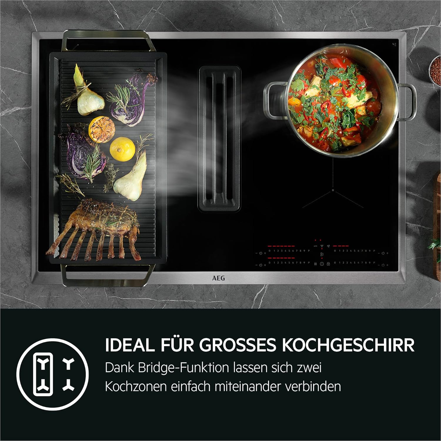 AEG Induktionskochfeld autark 80cm mit Dunstabzug / Made in Germany / 4 Flex-Kochzonen mit Bridge (Kombination 2er Zonen) / Auto-Funktion des Dunstabzugs / Aktivkohlefilter / COLI84COXB