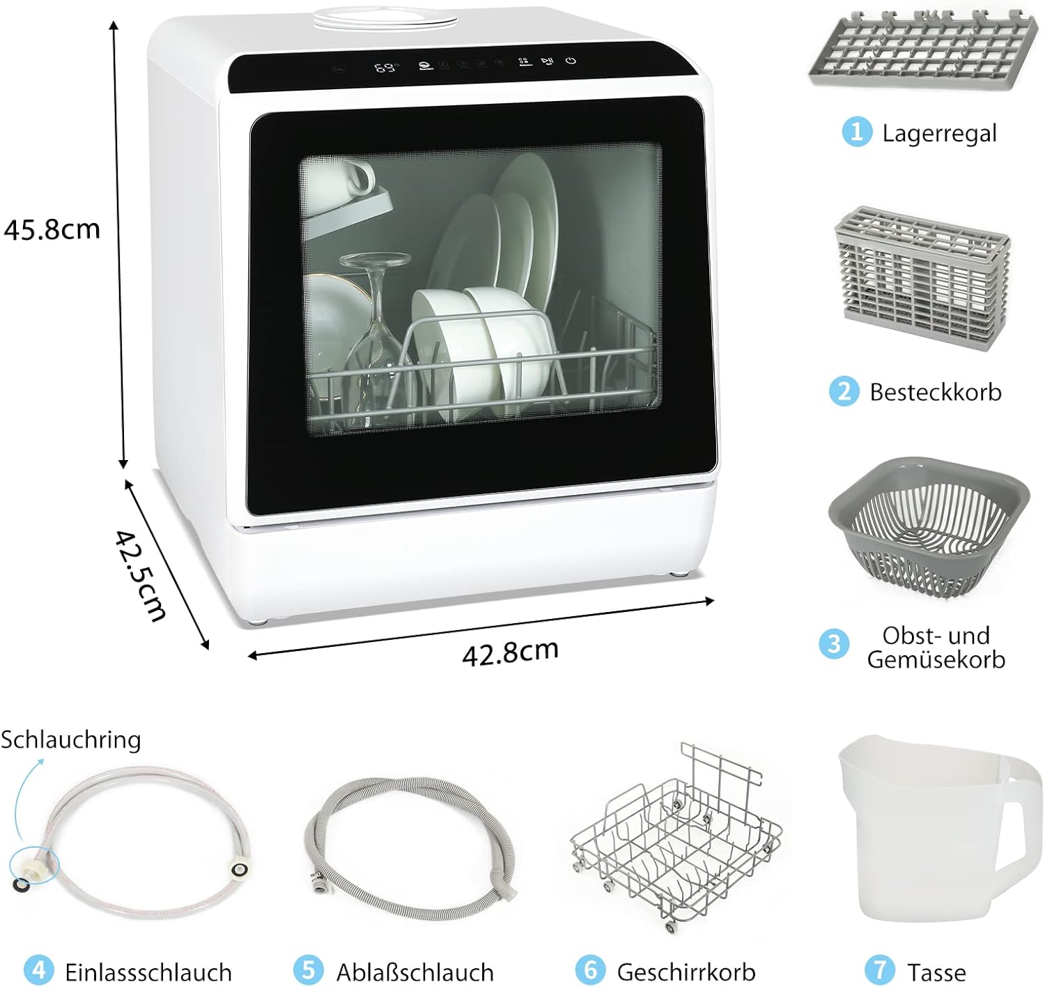 Fullwatt Mini Geschirrspüler für 3 Gedecke Freistehender Tischgeschirrspüler, mit/ohne Wasseranschluss nutzbar, ragbarer Geschirrspüler mit 5+1 Programme Integriertem 5 Liter Wassertank Touch Control