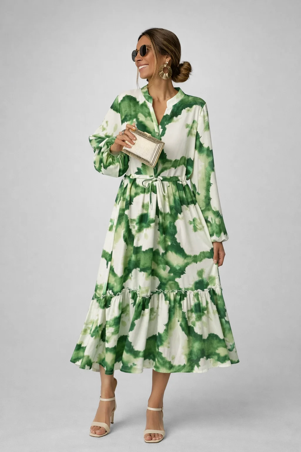 Damen Maxikleid mit V-Ausschnitt und Langarm | Boho Freizeitkleid mit Allover-Print | Flie?endes Kleid f��r jeden Tag