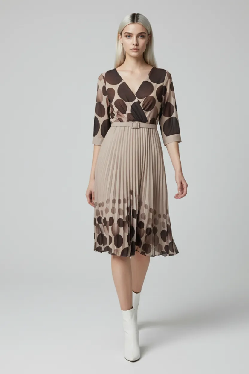 Elegant Beige Pleated Midi Dress