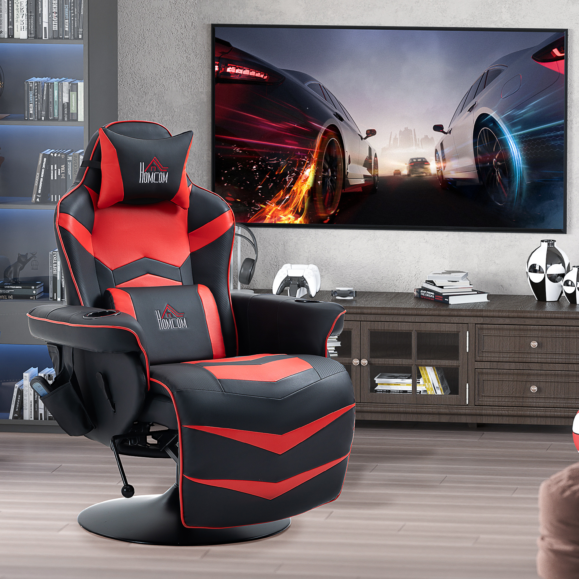 Gaming-stoel met massagefunctie, inclusief voetensteun, ligfunctie, rood + zwart.