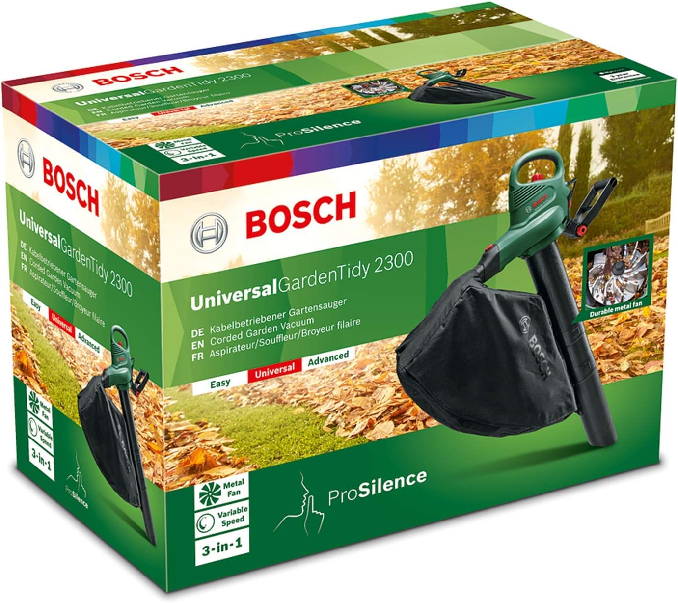 Bosch elektrischer Laubsauger/Laubblser UniversalGardenTidy 3000 (3000 W, Fangsack 50 l, stufenlose Drehzahleinstellung, zum Blasen, Saugen und Hckseln von Laub, in Kartonverpackung)