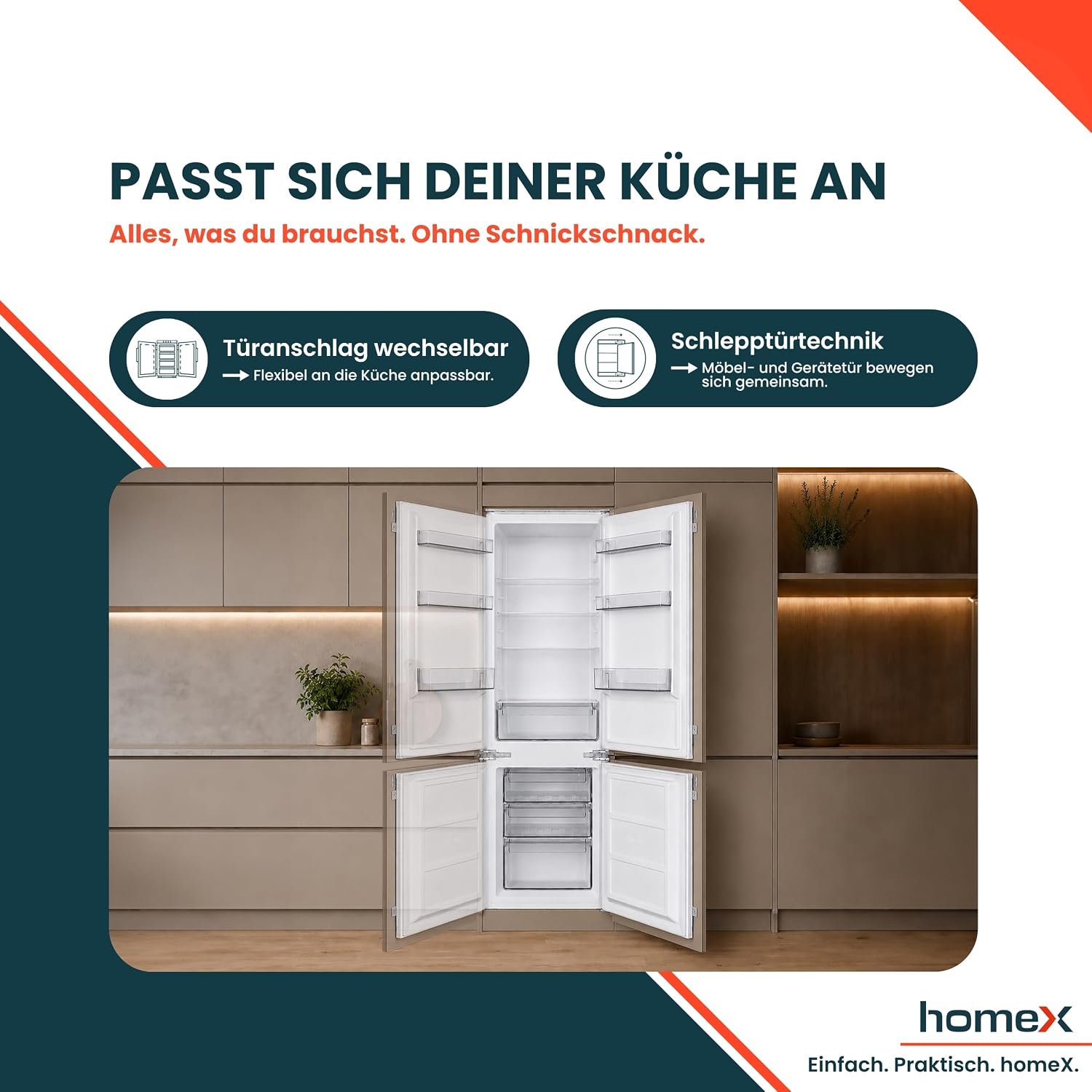 homeX CFB2491E Einbaukühlschrank mit Gefrierfach, Einbau Kühl Gefrierkombination, 178cm Nische - 249 Liter, Schlepptürtechnik, LED-Beleuchtung, leise 39 dB, Türanschlag wechselbar, 4-Sterne Gefrieren