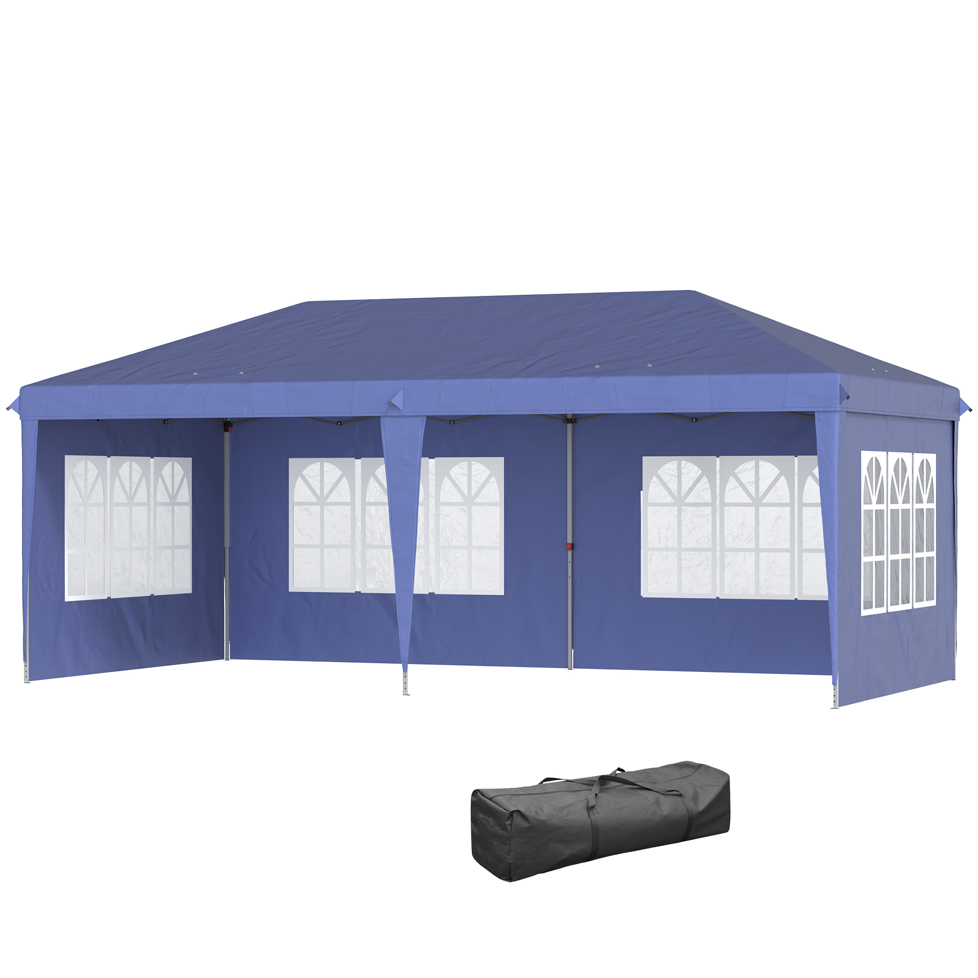 Opklapbare tuinpaviljoen van 6 x 3 m, halfopen, verwijderbare zijwanden, grote ramen, draagtas, stalen frame, blauw