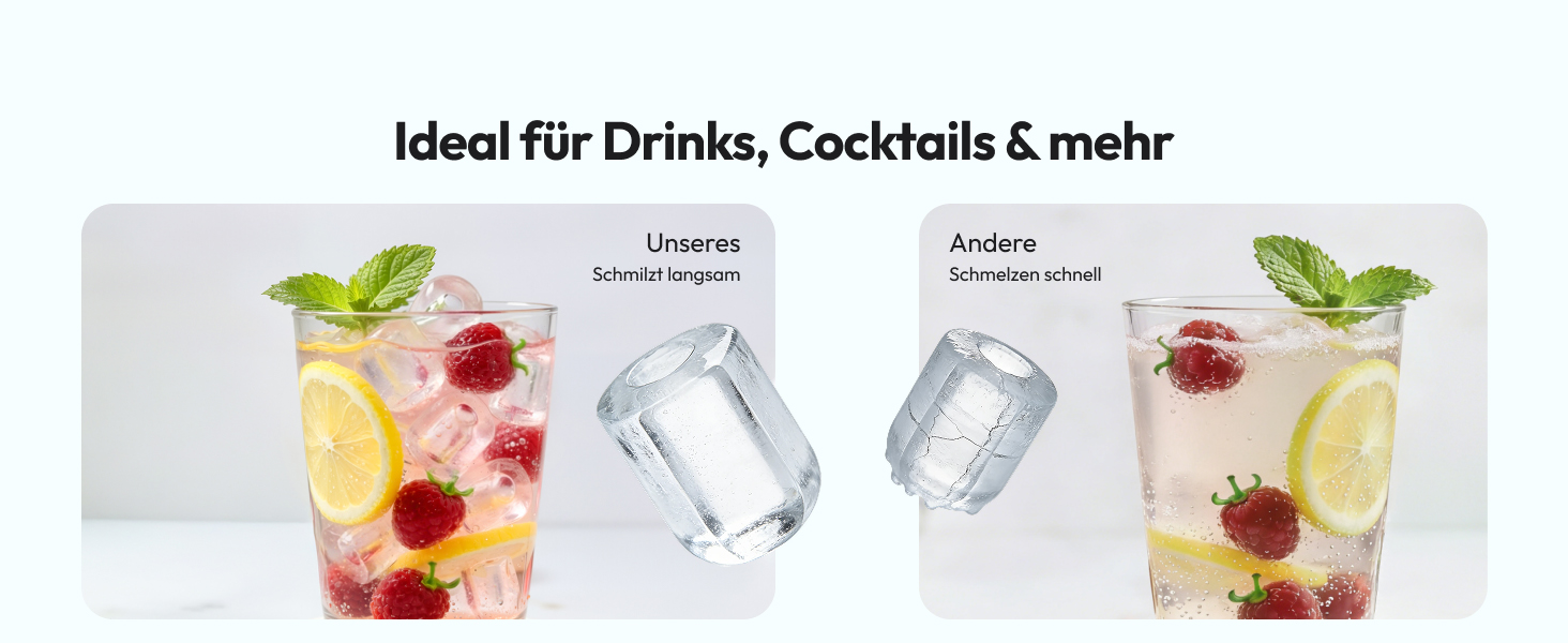 Der Text lautet „Ideal für Drinks, Cocktails &amp; mehr“. Das Produktdisplay zeigt zwei große Gläser mit bunten Getränken, die Eis, Obst und Minzgarnitur enthalten, und zeigt, wie man Getränke servieren kann.