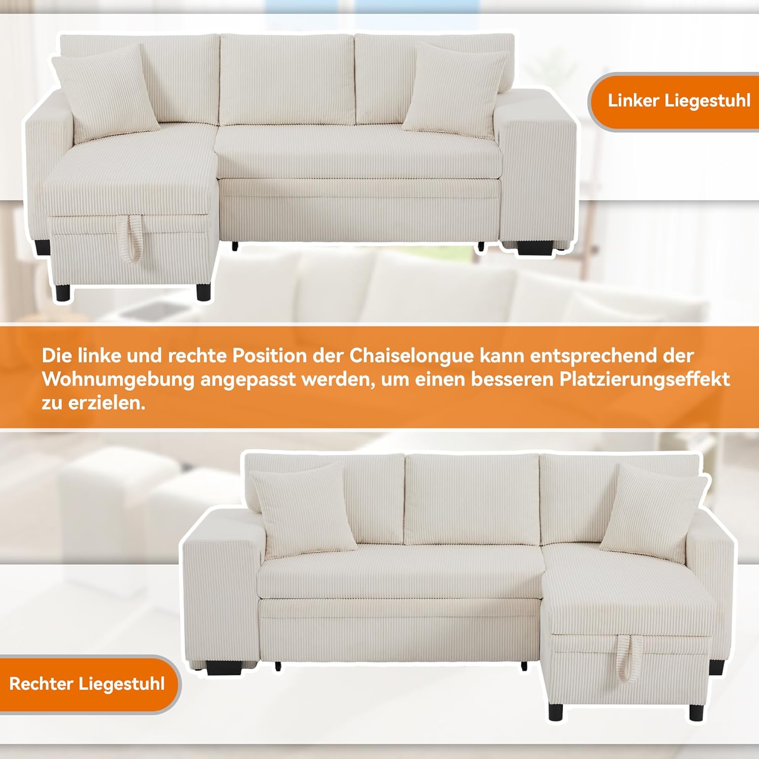 Klappsofa mit Schlaffunktion, L-förmiges umbaubares Ecksofa mit USB-Ladeanschluss und Kissen, 3-Sitzer-Umbausofa mit Seitenablagen und Stauraum