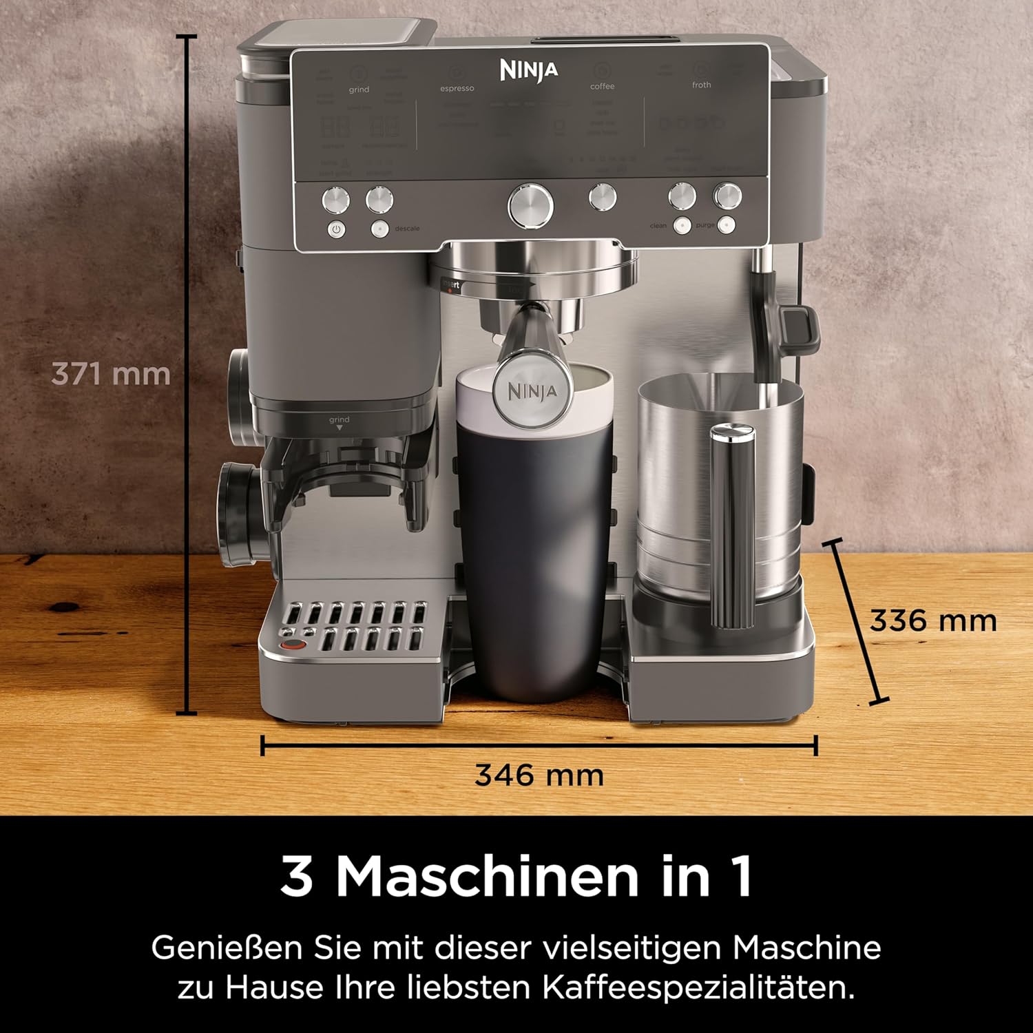 Ninja Luxe Premier 3-in-1 Kaffeemaschine, für Espresso, Cold Brew & Filterkaffee, 4 Automatische Schaumeinstellungen, Grau-Metall, ES601EUGM