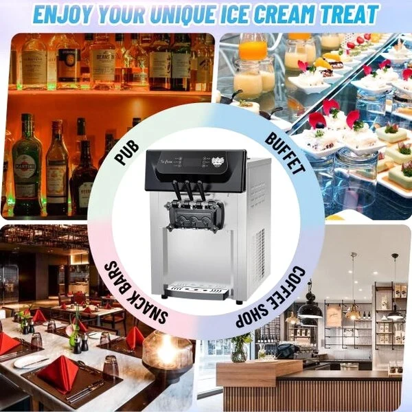2200W Commercial Ice Cream Machine, 3 Flavor Soft Serve Ice Cream Machine, 5.3-7.4 Gal/Hr, with LCD Touch Screen, Automatic Cleaning, High Productivity for Home Snack Bar & Restaurants