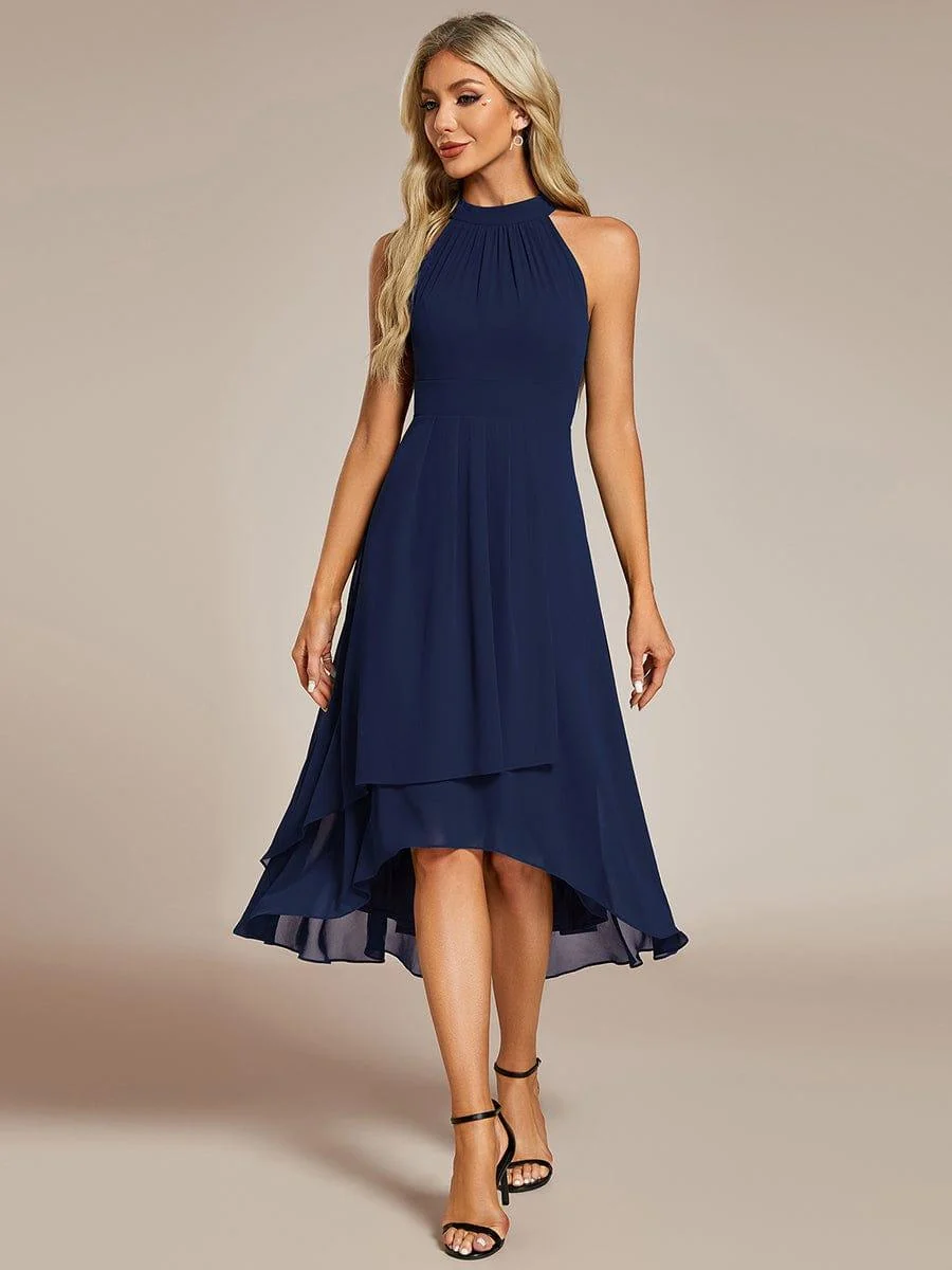 Damen Chiffon Midi-Kleid in A-Linie | Festliches Halterneck Kleid mit Plissee-Details | Sommerliches Kleid f��r Hochzeitsg?ste