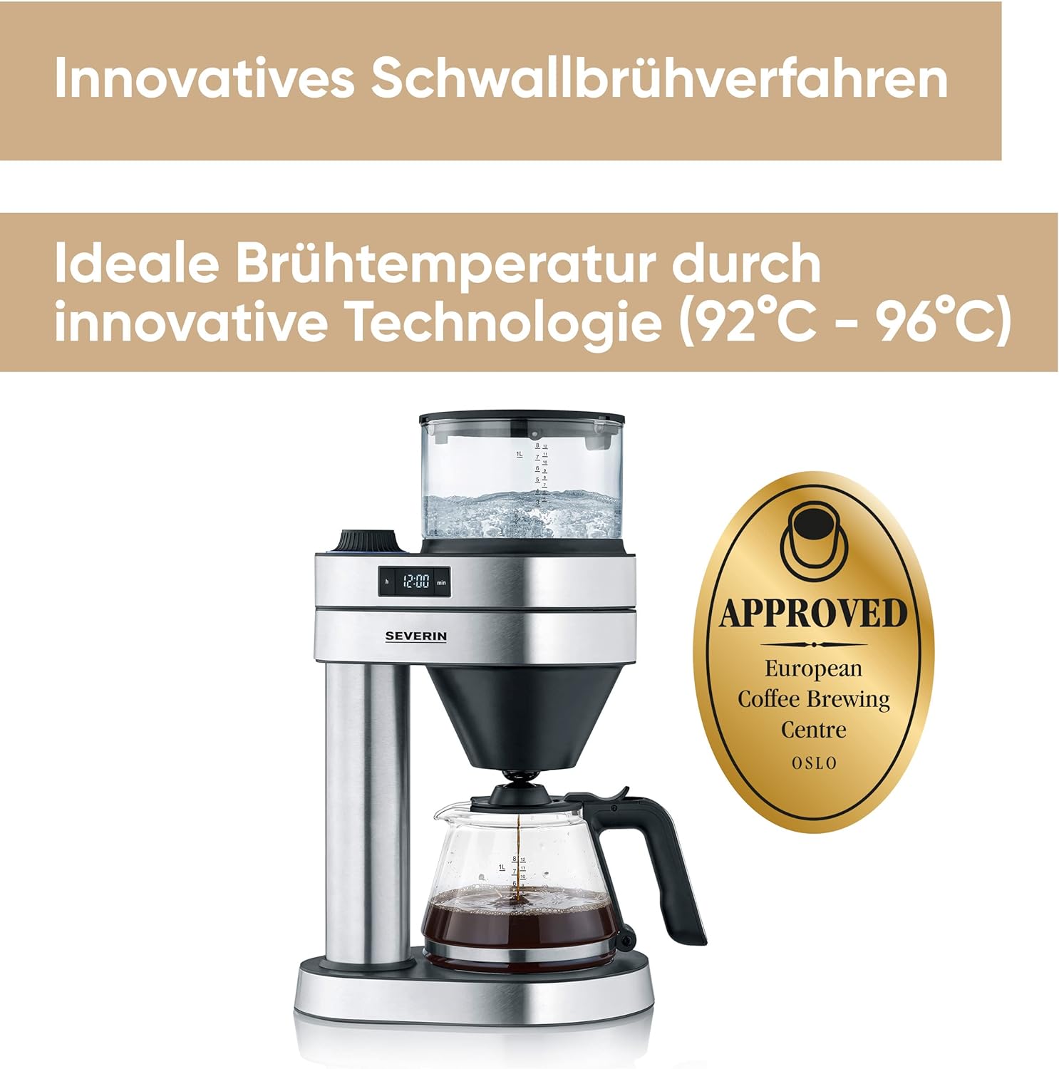 SEVERIN Filterkaffeemaschine Caprice, wie von Hand aufgebrüht mit dem Kaffeebereiter für bis zu 8 Tassen, Kaffeemaschine mit Timer, Edelstahl-gebürstet/schwarz-matt, KA 5760
