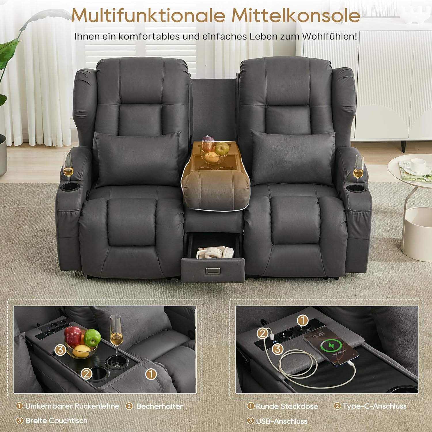 2er Relaxsessel mit Liegefunktion Fußteil, Zweisitzer Fernsehsessel 2 Sitzer TV Sessel mit Konsole, Manuell Verstellbar Doppel Kinosessel bis 360 kg (Klappbare Mittelkonsole, Leathaire Grau)