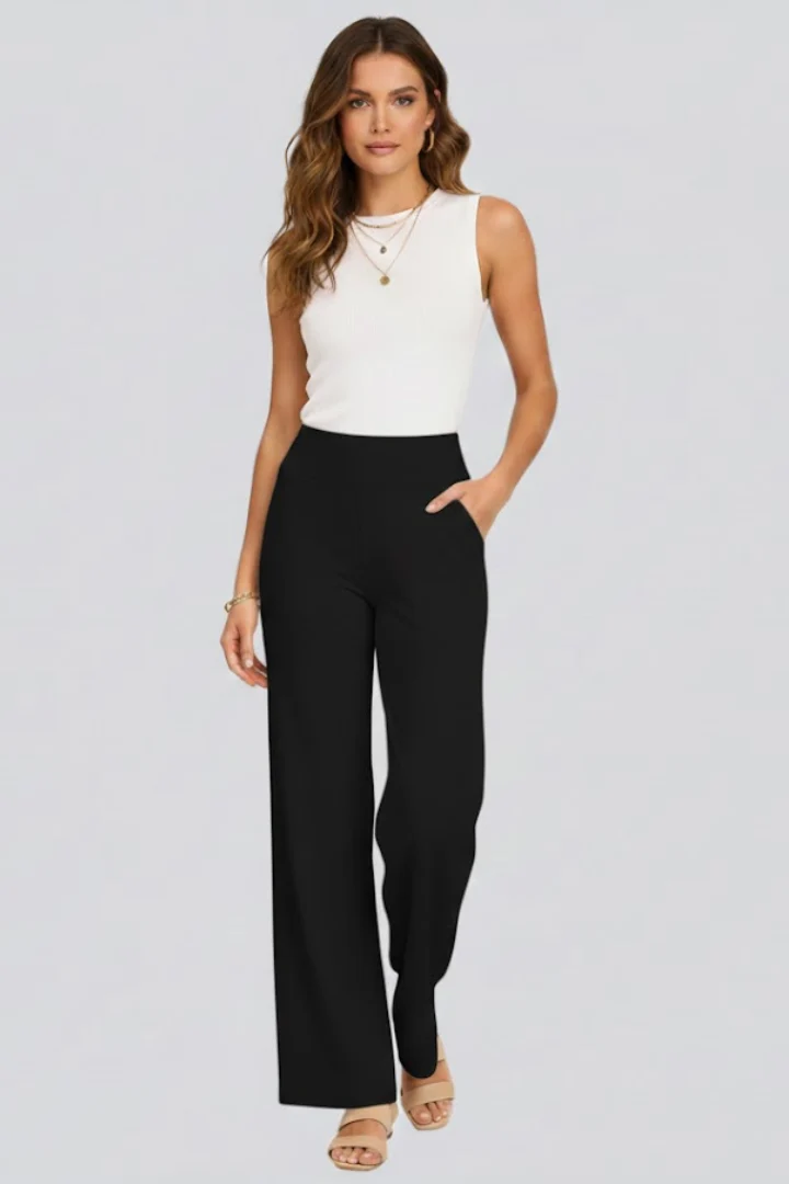 Damen Hose mit weitem Bein und hohem Bund | Bequeme High Waist Stoffhose mit Gummizug | Gerade geschnittene Schlupfhose