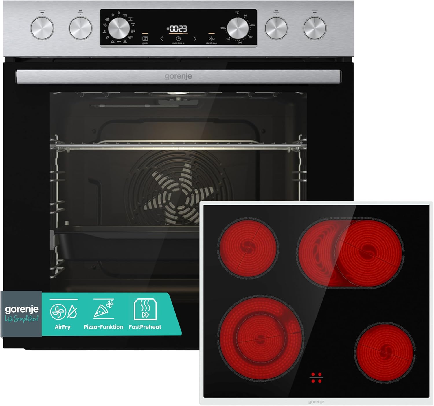 Gorenje Einbauherd-Set Heißluft Inox Set 4 mit Glaskeramik-Kochfeld / 77 Liter / ExtraSteam / GentleClose  und  Open / EcoClean / AirFry / PizzaMode / PerfectGrill / Teleskopauszüge / Inox-Look