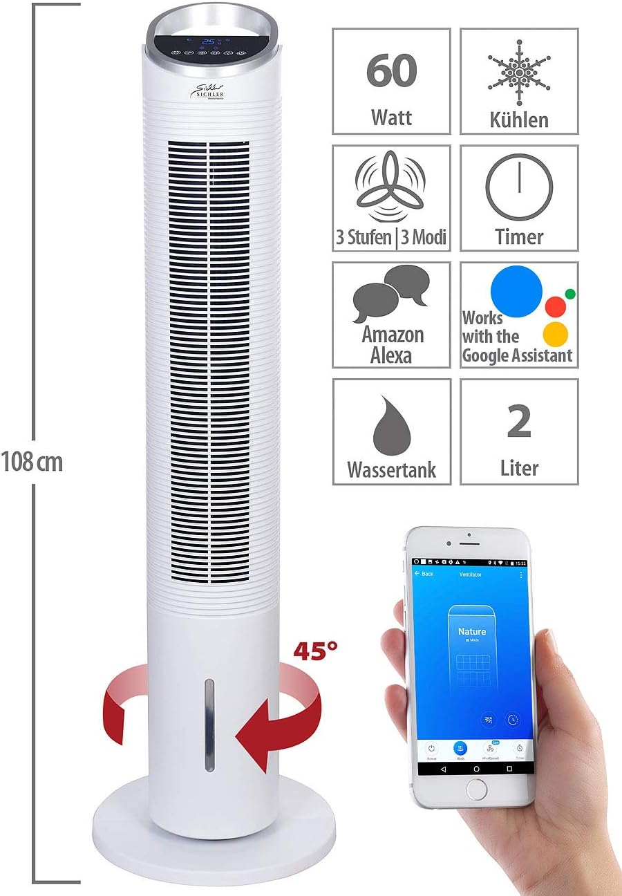 Sichler Haushaltsgeräte Turmluftkühler: 3in1-WLAN-Luftkühler mit App, für Siri, Alexa & Google Assistant, 60 W (Turmventilator mit Luftbefeuchter, Turmventilator mit Fernbedienung)