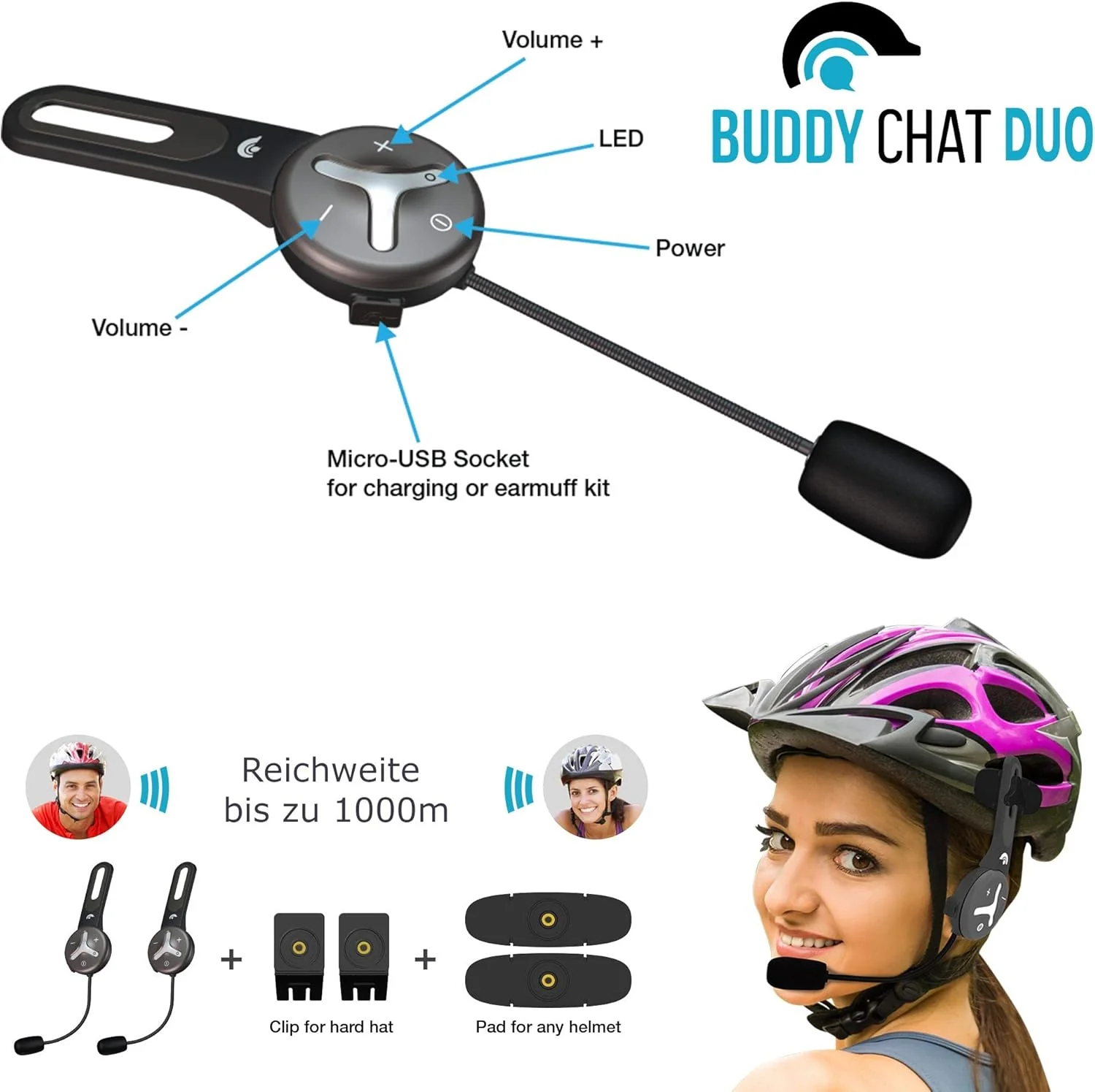 BuddyChat Duo (set van 2) Bluetooth Fiets Sport Ski Werk Intercom Helm Headset, Handsfree Portofoon, Intercomsysteem, DSP-ruisonderdrukking, bereik tot 1000m