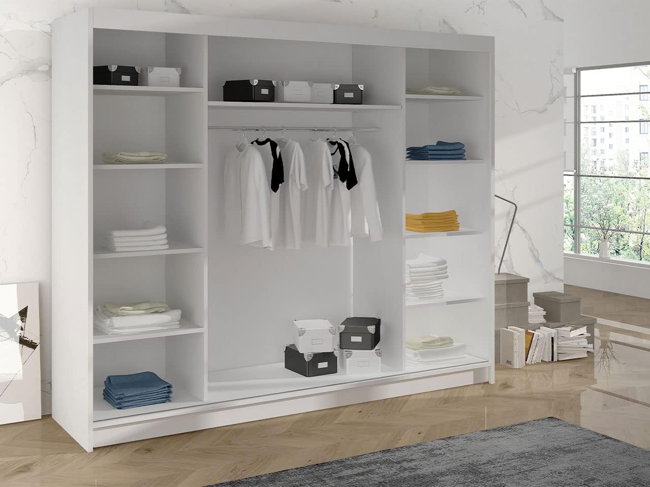 Mirjan24 Kleiderschrank Dotan VI mit Spiegel, Kleiderstange und Fächer, Schlafzimmerschrank, Schwebetürenschrank, Dielenschrank, Garderobenschrank (Weiß/Weiß)