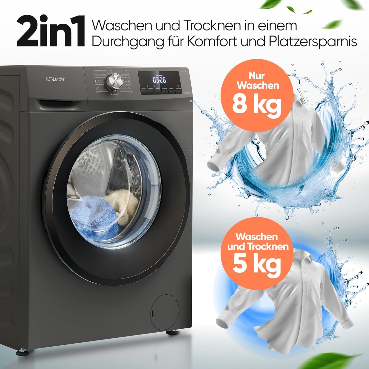 Bomann Waschtrockner Waschen und Trocknen 10 Jahre Motor-Garantie 8 kg Waschen, 5 kg Trocknen Invertermotor 1400 U/Min Waschmaschine mit Trockner integriert WAT 7186 titan