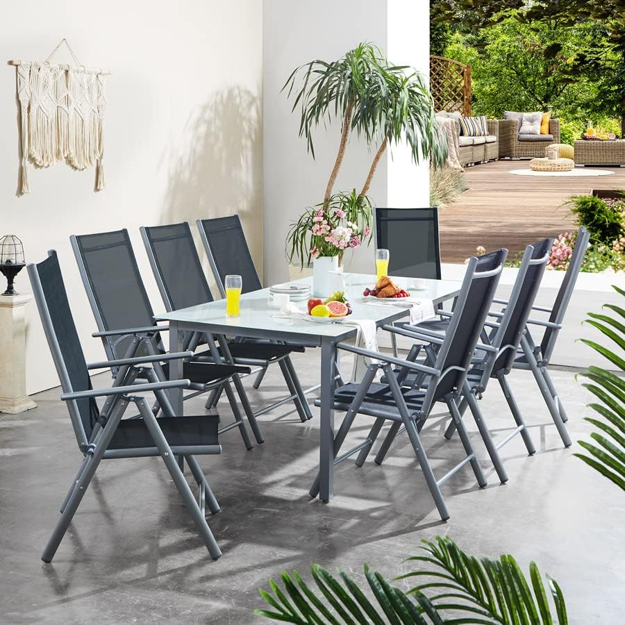 Casaria® Gartenmöbel Set 8 Stühle mit Tisch 190x90cm Aluminium Sicherheitsglas Wetterfest Klappbar Modern Terrasse Balkon Möbel Sitzgruppe Garnitur Bern