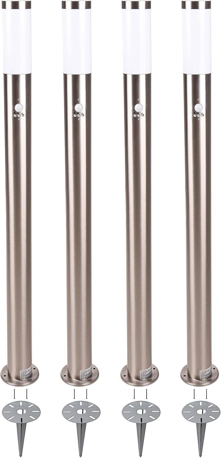 Novatool 4x Wegeleuchte I 110 cm I mit Bewegungsmelder I mit Erdspieß I Edelstahl I IP44 I E27 Sockel I Wegebeleuchtung aussen Aussenleuchten Garten Standleuchte Terassenleuchte Gartenleuchte