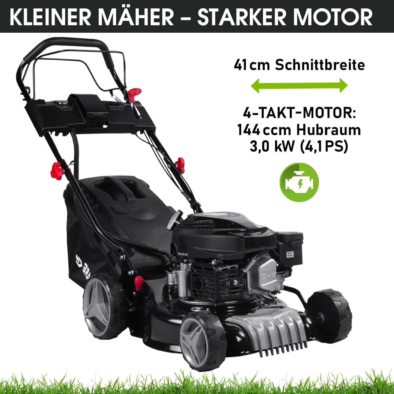 BRAST Benzine grasmaaier met aandrijving | 3,0 kW (4,1 pk) | Elektrische start | 41 cm maaibreedte | vele modellen | T��V | 4-takt OHV-motor | 25-75 mm maaihoogte | 40 L opvangbak | Stalen behuizing | 16145 Estart