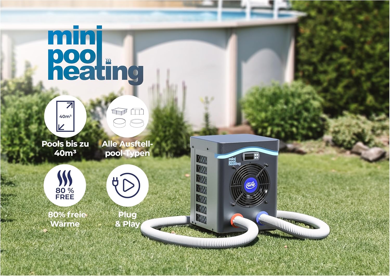 Gre HPM40 - Mini-Wärmepumpe für Aufstellpools bis zu 40 m³, Heizsystem für Aufstellpools, Farbe Grau