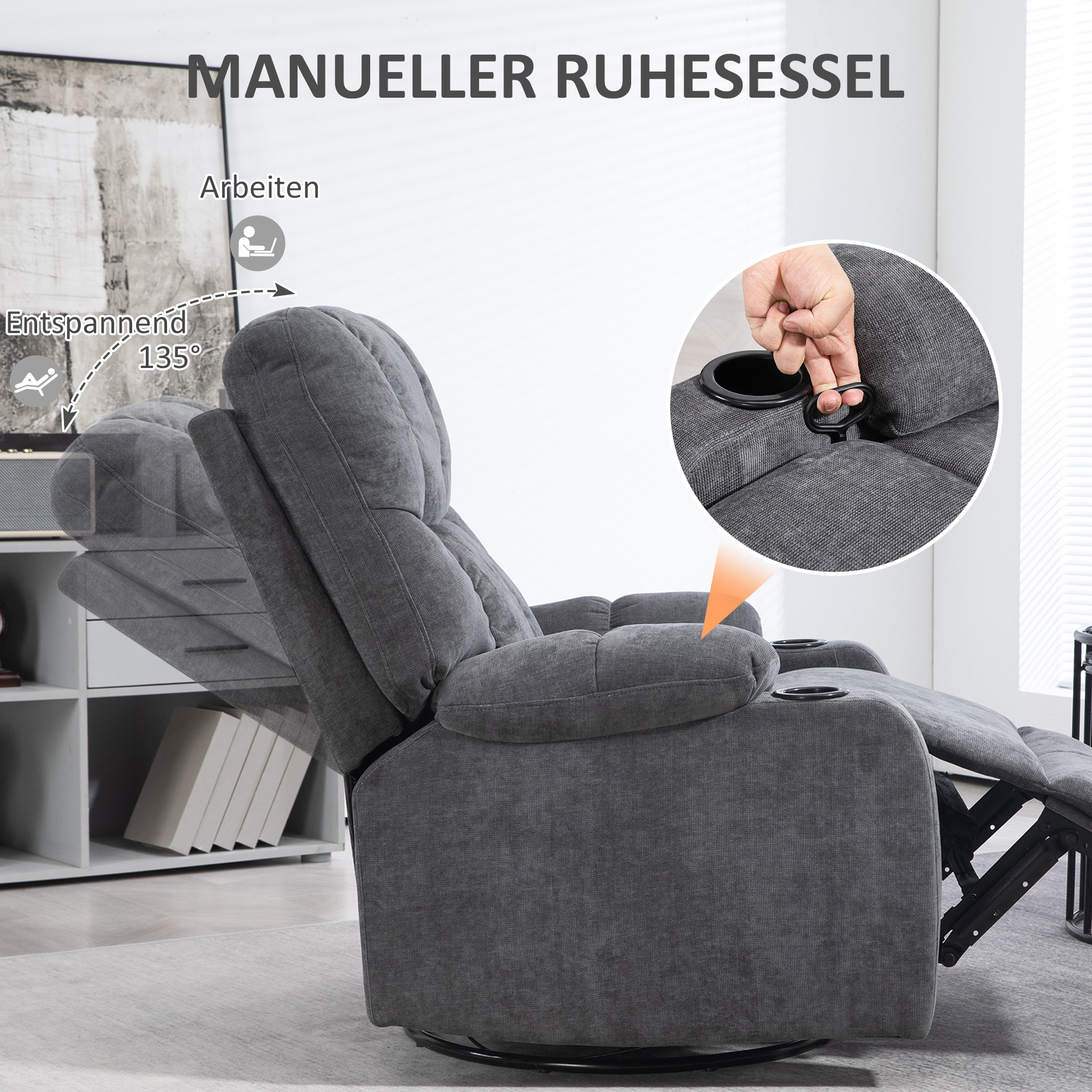 Relaxstoel met Voetsteun, Ligstoel, Draaibaar, tot 150 kg, Stalen Frame, 88x96x108cm, Donkergrijs