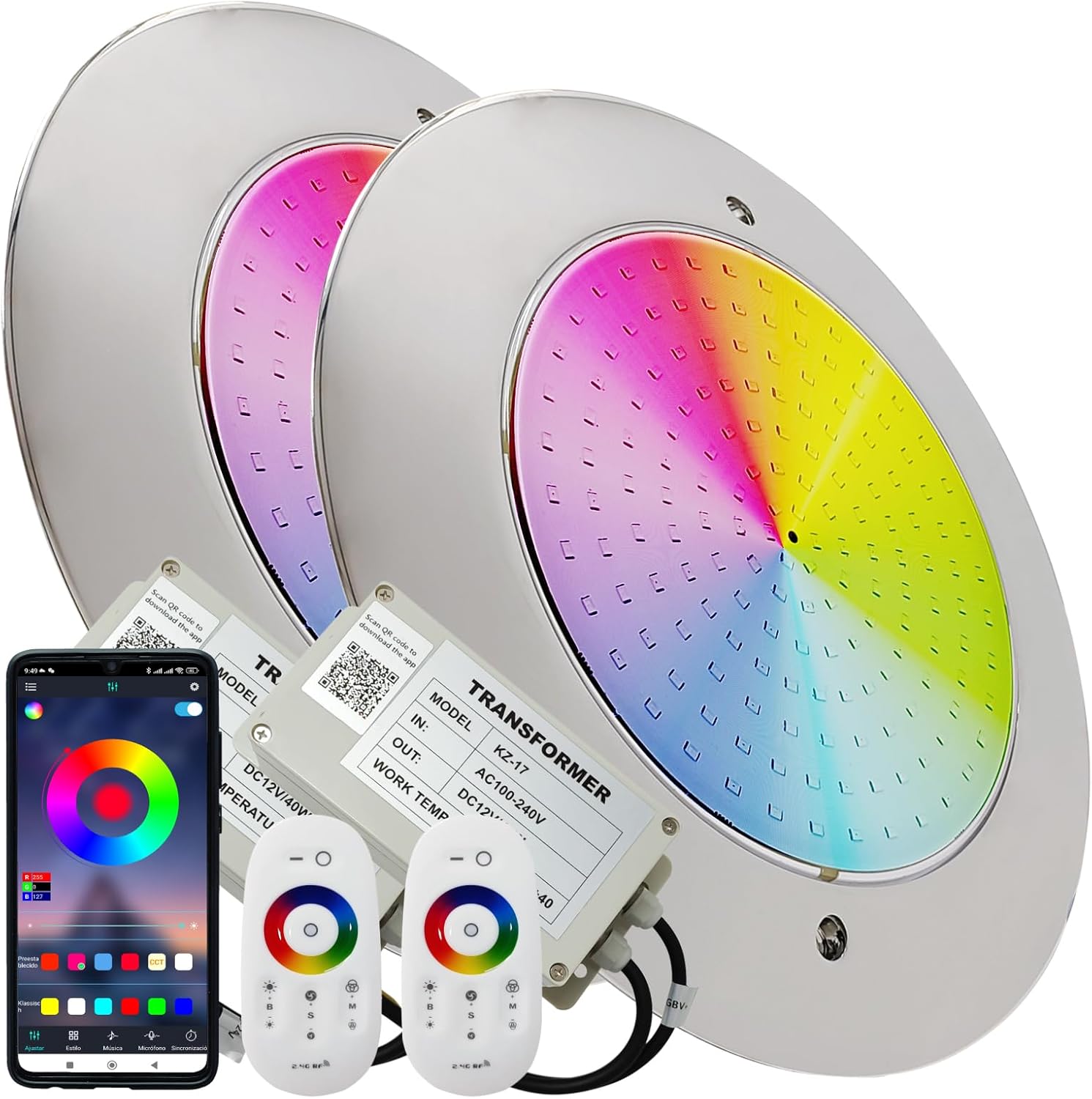 LED ATOMANT Packung mit 2 LED-Poolleuchte 12W RGB Wasserdicht IP68 Tauchfähig, 2m Kabel, Edelstahl mit Transformator AC 220V/12V DC und Fernbedienung, Bluetooth-App-Steuerung