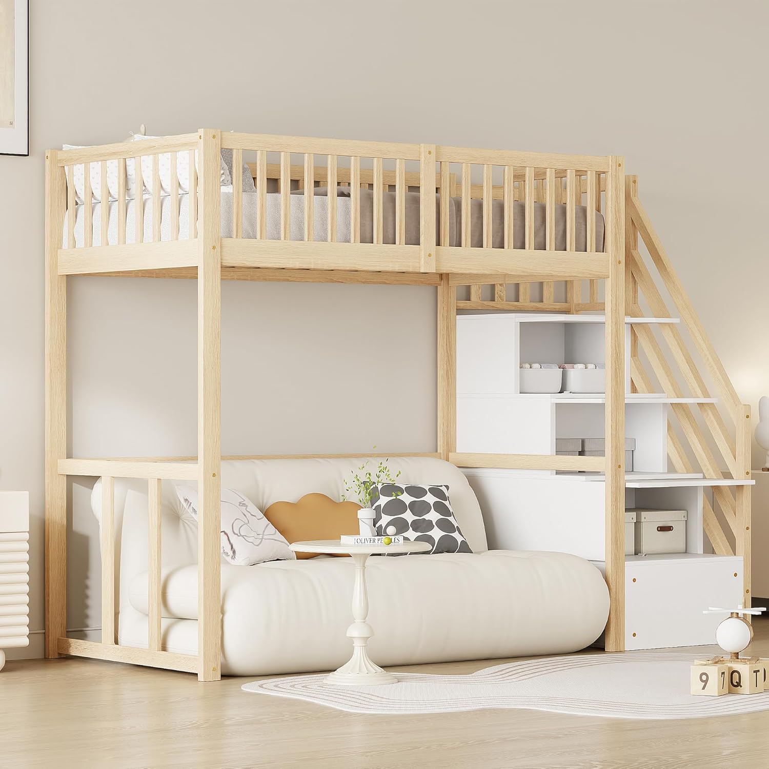 Moimhear Hochbett 90x200cm mit Sicherheits-Aufbewahrungsleiter, Bettgestell aus massivem Kiefernholz für Kinder und Jugendliche (Holzfarbe + Weiß)